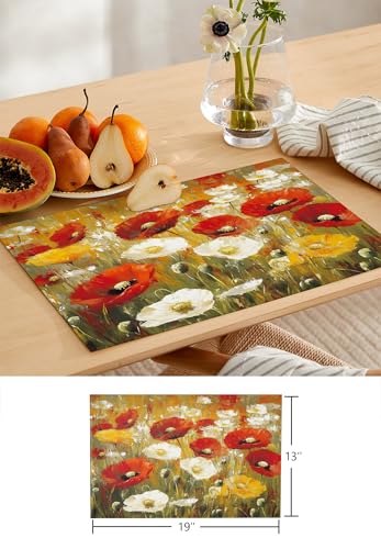 Table Runner and Placemats Set of 6 White Red Flower Leaf Decorative Dining Table Runner with Matching Placemats Plant Oil Painting Table Decor for Kitchen Dining Room and Everyday Use 13x90in - size: 13"x90"+6pcs