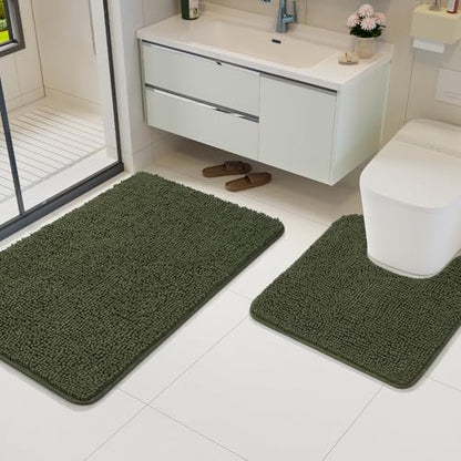 Bathroom Rug Sets 2 Piece, 20"x20" U-Shaped & 21"×34", Olive Green | Toilet Mat Non Slip Bath Mats Floor Set, Washable Bath Rug Set, Absorbent Soft Bathroom Rug - color: Olive Green