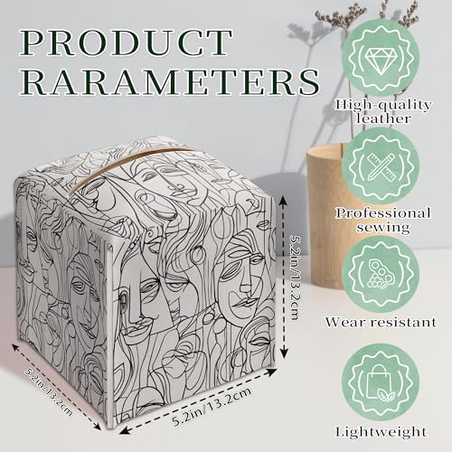 Abstract Line Art Tissue Box Holder, Modern Black White Faces Leather Tissue Box Cover Square, Paper Napkins Everyday Dispenser for Bathroom Night Stands Kitchen Office Car Home Decor