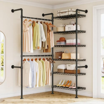 L2 Wall Mounted Closet System, Industrial Pipe Clothing Rack, Black | Metal Clothes Rack with 2 Telescopic Rods & 6 Shelves, Heavy Duty Closet Organizers for Wardrobe, Reach-in & Walk-in Closets - color: Black