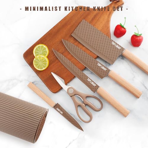 Knife Set, Wiztoynia 6-Piece Coffee Kitchen Knife Set for Home, Anti-Rust Non-stick Stainless Steel Sharp Chef Knife Set with Universal Knife Block for Kitchen, Ergonomical Design (Coffee) - color: Coffee