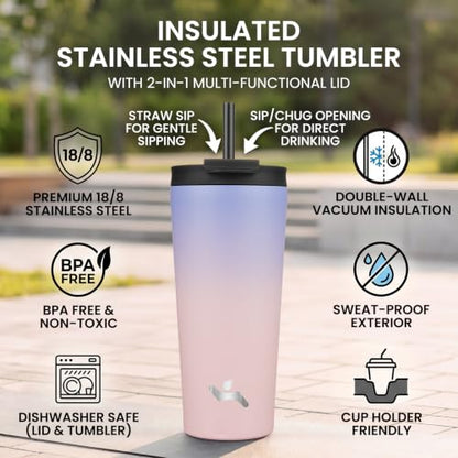 Konokyo 18 oz Insulated Tumbler Water Bottle with Straw Lid, Pastel Sunset | Stainless steel insulated tumbler for coffee, water and iced drinks; spill-proof lid, 2 straws, cup-holder friendly - color: Pastel Sunset, size: 18 Ounces