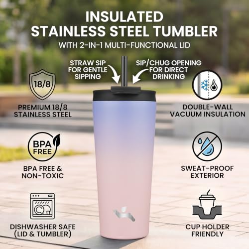Konokyo 22 oz Insulated Tumbler Water Bottle with Straw Lid, Pastel Sunset | Stainless steel insulated tumbler for coffee, water and iced drinks; spill-proof lid, 2 straws, cup-holder friendly - color: Pastel Sunset, size: 22 Ounces