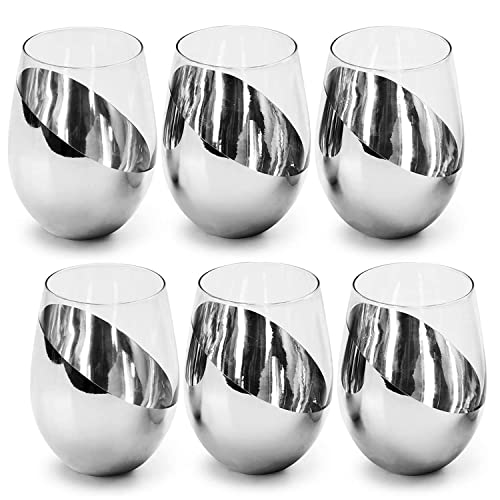 MyGift Modern Stemless Wine Glass Set of 6, White or Red Wine Glasses with Silver Metallic Bottom Angled Design - color: Silver- (Set of 6)