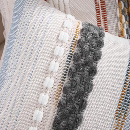 Boho Throw Pillow Covers 18x18 Set of 2 Grey Blue White | Durable Fabric,Stripe Pillow Covers,Farmhouse Cushion Case,Chenille Pillow Cases,Neutral Pillowcase for Sofa Couch Bed - color: Grey Blue White Stripe, size: 18" x 18" (Pack of 2)