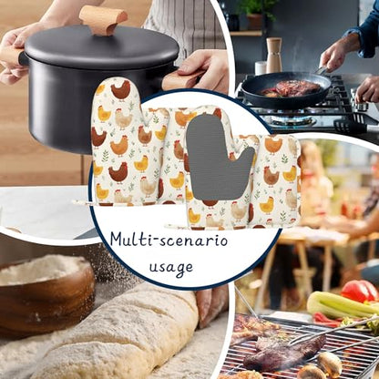 Kitchen Mitts Set,Farmhouse Chicken Oven Mitts and Pot Holders Sets,Thick Cotton Heat Resistant Rustic Hot Pan Holder Extra Long Cooking Mitts for Cooking Baking Grilling BBQ Bakeries - color: Farmhouse Chicken