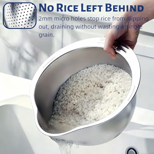 DOPMEP Rice Washer Strainer Bowl Stainless Steel Colander with Side Drainer | Ideal for Soaking, Washing, Cleaning, and Rinsing Rice, Fruits, Vegetables & Beans, Versatile Kitchen Tool - color: Rice Washing Strainer