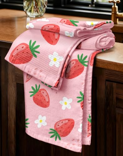 2pcs Cotton Waffle Kitchen Towels, Strawberry | Waffle Weave, Terry Cloth, Pure Cotton, Sustainable, 16"x26", Highly Absorbent, with Hanging Loop, Giftable Package - color: Strawberry