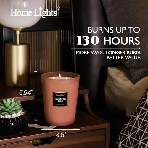 HomeLights Scented Candles | Large Jar Candle-33.3 Oz. Natural Soy Aromatherapy Candles | Up to 130 Hours Burn Time with 3 Cotton Wicks, Home Decorative Fragrance Candles Gift - Velvet Rose Oud - color: Velvet Rose Oud