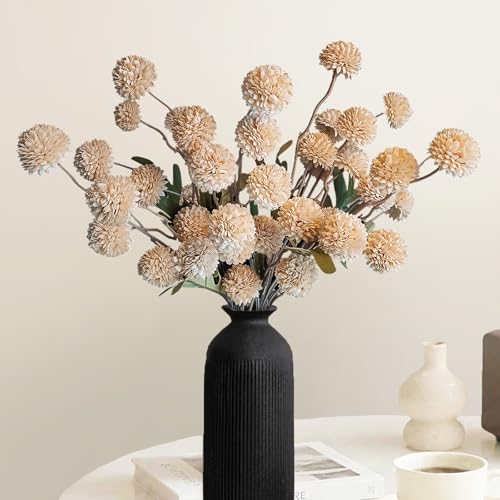 10 Pcs Fake Flowers, Artificial Mums With Long Stems, Beige Faux Pompon Mums Floral Arrangement, Champagne Plastic Flowers Silk Dried Flowers Home Decor, Fall Decorations For Home Vase(No Vase) - color: Champagne, size: 10 Pcs