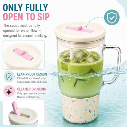 40oz Glass Tumbler with Flip Straw Lid, Handle, Silicone Sleeve, Beige | Leakproof Lid, Fits Car Cup Holder Glass for Iced Coffee, Water, Cold Drinks, Travel, Outdoor, Partys&Home - color: White