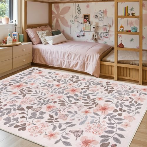 Lahome Apricot Girls Bedroom Nursery Rug, 5x7 Fall Floral Boho Area Rug | Washable Soft Low Pile Carpet for Kids Room Dorm Room Essentials Reading Nook - color: Apricot Floral, size: 5' x 7' (Rectangular)