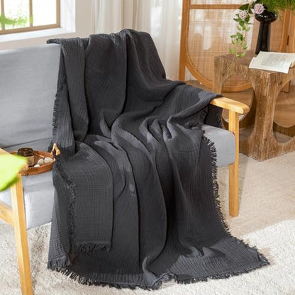 MooMee 100% Cotton Muslin Blanket, Fringed 4-Layer Gauze Bed Couch Throw | Soft Breathable Lightweight Thin Coverlet Summer Blankets for Adults, Bed & Couch All Seasons, Dark Grey, 50" x 70" - color: Dark Grey, size: Throw XL