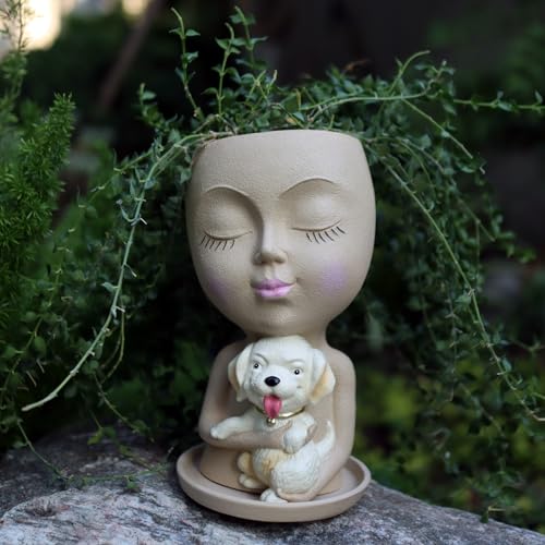 Dolkgy Cute Face Planter with Dog Head Planters Pot for Indoor Outdoor Plants, Succulent Flower Pot with Drainage Tray, Decorative Plant Holder for Home Garden Office Décor - color: Khaki Dog