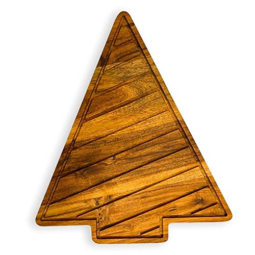 Treen Art Wooden Christmas Cutting Board for Kitchen Decor, 12.5"L x 10"W Tree Shaped Acacia Wood Chopping Board with Handle & Slicey Grooves, Serving Charcuterie Platter - color: Tree Board with Slicey Grooves 12.5"L x 10"W