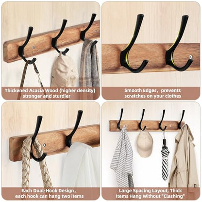 Coat Rack Wall Mount,Acacia Wood Coat Hooks Wall Mount,15" Wall Coat Rack with Heavy Duty 4-Double-Hooks,Hat Rack Wall Coat Hanger for Towel/Dog’s Leashes/Coat/Bag