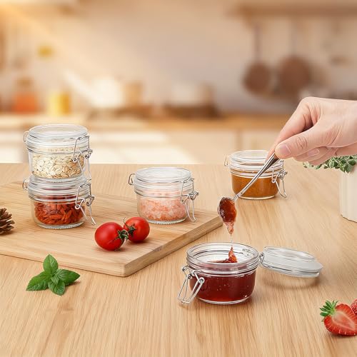4oz Mini Airtight Glass Jars with Clamp Lid - Small Spice, Jam & Honey Jars for Kitchen Pantry Storage, Cute Clear Sauce Containers for Seasoning, Sugar, Salt, Wedding & Party Favors - size: 4 fl oz x12 - Round