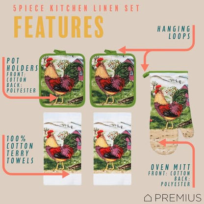 5 Piece Printed Kitchen Linen Set, 2 Cotton Towels, 2 Potholders, 1 Oven Mitt with Hanging Loop, 100% Cotton Material on Front & Polyester Backing, Kitchen Gadget (Rooster) - color: Rooster
