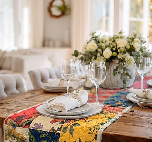 Reversible Patchwork Floral Quilted Table Runner, 13 x 72 Inch | 13 x 72-inch reversible cotton table runner, patchwork front, white-ground floral back, gift boxed, machine washable