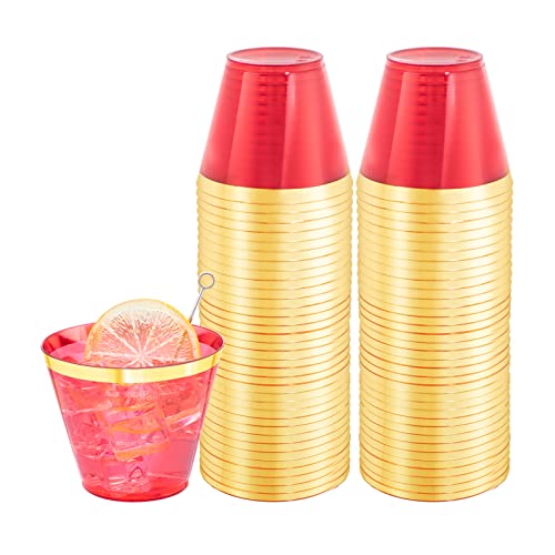 LUODA 150PCS Red Plastic Cups, 9oz Clear Red Disposable Cups with Gold Rim | Old Fashioned Tumblers Gold Rimmed Red Plastic Cups,Unbreakable cups for Any occasion: Weddings, Parties, Business Events - color: Red