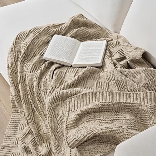 EVERGRACEHOME Modern Checkered Chenille Throw Blanket, 60x80, Sand Dune | Lightweight Warmth, All-Season Breathability, OEKO-TEX certified, Timeless Grid Pattern, Farmhouse Throw for Couch, Bed, Sofa - color: Sand Dune, size: 60" X 80"