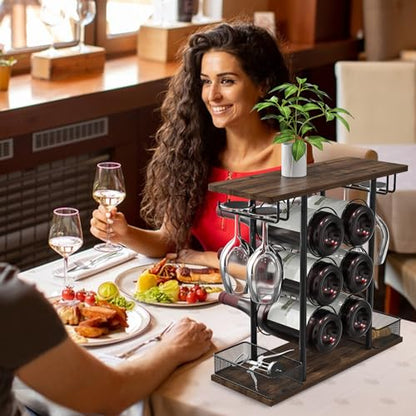 VyGrow Countertop Wine Rack, 3 Tier Wood & Metal Small Wine Rack Up to Hold 6 Bottles and 4 Glasses, Wine Bottle Holder for Home Bar Tabletop Kitchen Cabinet, 6.29" D x 16.14" W x 15.82" H
