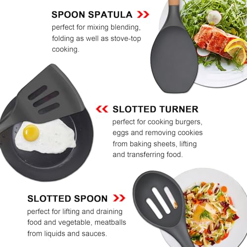 Kitchen Cooking Utensils Set, 6Pcs Silicone Kitchen Utensils Set Spatula Spoon Soup Ladle Turner, Heat Resistant Wooden Handle Silicone Cooking Gadgets for Nonstick Cookware & Baking BPA FREE - color: Gray, size: Standard 6-Piece Set