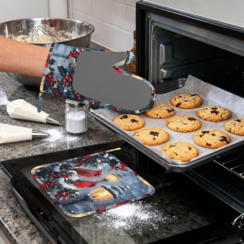 Christmas Berries Heat-Resistant Silicone Oven Mitts and Pot Holder 4 Piece Set,Cardinal Non-Slip Kitchen Oven Gloves for Baking, BBQ, Cooking,Grilling - color: Christmas Berries Cardinal