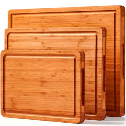 Allsum Carbonized Bamboo Wood Cutting Boards for Kitchen, 1” Thick Wooden Butcher with Juice Grooves and Handles, Cute Cheese Charcuterie Boards as a Gift for Chef, Family, 3 Pack - size: 3-Piece Set