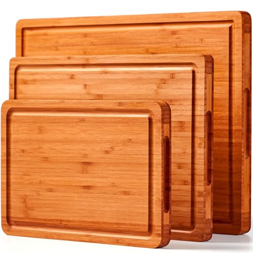 Allsum Carbonized Bamboo Wood Cutting Boards for Kitchen, 1” Thick Wooden Butcher with Juice Grooves and Handles, Cute Cheese Charcuterie Boards as a Gift for Chef, Family, 3 Pack - size: 3-Piece Set