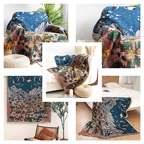 Flower Moon Mountain Throw Woven Blanket with Tassel for Home Decoration Chair Couch Sofa Bed Beach Travel Picnic Cloth Tapestry Shawl Cozy Cotton (Blue & Red 63×51 Inches)