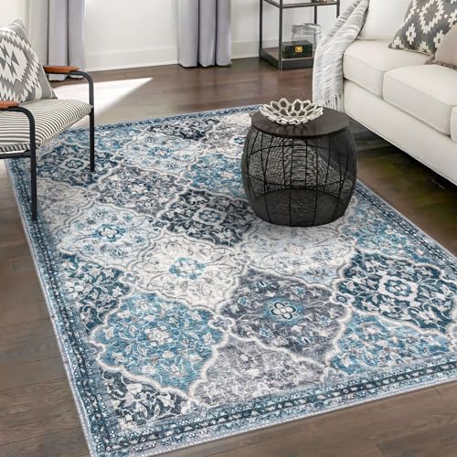KILOCOCO 5x7 Washable Area Rug, Non Slip Indoor Mat for Bedroom Living Room | Soft Moroccan Trellis Spill & Stain Resistant Low Pile Carpet for Dining Room Under Table Office Bedside - color: Blue/Multi, size: 5' x 7' (Rectangular)