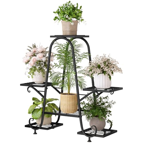 INGIORDAR Plant Stand Indoor Outdoor 6Tier Tiered Shelf Flower Pot Rack | Metal European Style Design with Foot Pads for Patio Garden Balcony Corner Living Room Black - size: 6 Pots