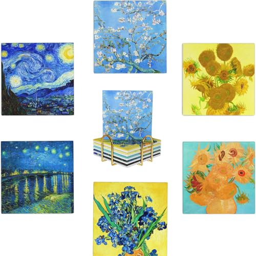 Coaster for Drinks Set of 6,Famous Van Gogh Paintings Absorbent Round Ceramic Stone Mat, with Cork Base and Metal Holder, Gift for Housewarming Room Bar Decor - color: F07 - Van Gogh