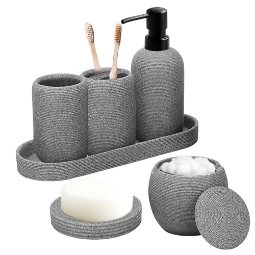 Bathroom Accessory Set - 6PCS Bathroom Accessories Set: Soap Dish, Lotion Dispenser, Toothbrush Holder, Toothbrush Cup, Vantiy Tray, Qtip Holder, Aesthetic Decor Bathroom Sets - color: Gray,black
