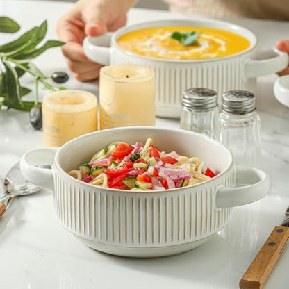 Soup Bowls with Handles, 23 oz French Onion Soup Crocks, Stackable Soup Bowl Oven Safe for Chili, Beef Stew, Embossment Ceramic Bowl Set - 5.4 Inch, Set of 4,Blue - color: White