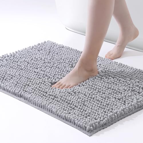 FRESHMINT Chenille Bathroom Rugs Mat 24"x17", Non-Slip Bath Mat for Bathroom Floor & Bathtub, Washable Shower Shag Bath Rugs, Soft Fluffy Thick Water Absorbent Microfiber Shower Mat, Gray Heather - color: Gray + White, size: 1'5" x 2' (Rectangular)
