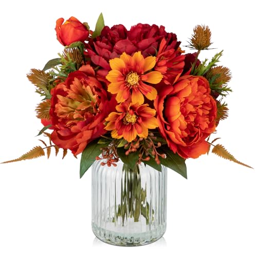 Peony Fake Fall Flowers in Vase Fall Table Centerpiece Faux Floral Arrangements Centerpiece Autumn Artificial Flowers with Vase Fall Flower Centerpieces for Tables Orange Silk Flowers in Vase - color: Orange-straight Glass
