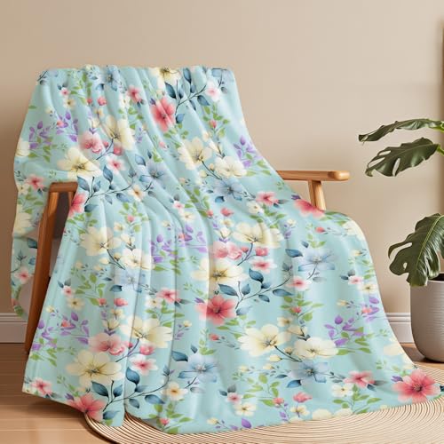 Wajade Floral Fleece Throw Blanket - Flowers Botanical Print Blanket Gifts for Women Soft Cozy Lightweight Throws for Bed Sofa Couch Decorative 50"x60" - color: Blue Flower, size: 50"x 60"