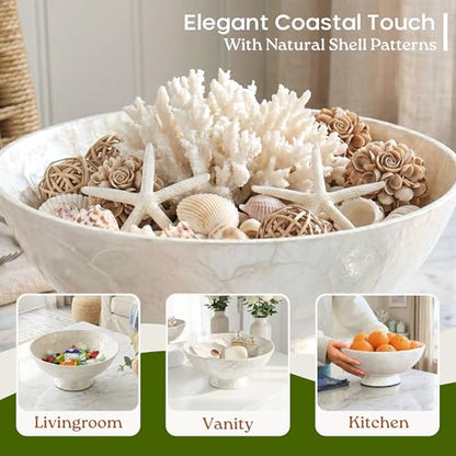 11” White Capiz Shell Decorative Bowl, Large Footed Centerpiece Bowl for Kitchen Island Decor, Modern Farmhouse Fruit Bowl for Entryway & Home Décor Accents