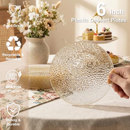 Rubtlamp 200pcs Gold Glitter Plastic Dessert Plates, Hammered 6 Inch Small Plates, Heavy Duty Appetizer Plate with 100 Gold Small Forks, Fancy Cake Snack Plate for Birthday Wedding Teatime - color: Gold glitter
