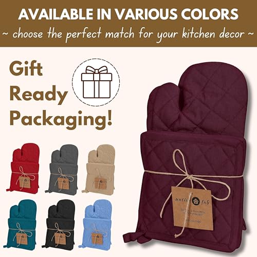 Native Fab 4 Piece Set - 2 Oven Mitts & 2 Potholders, Heat Resistant, 100% Cotton, Quilted Design, Non-Slip Grip, Machine Washable, Ideal for Baking, Cooking, BBQ, Kitchen Protection - Burgundy Wine - color: Burgundy Wine