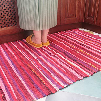 Poowe Cotton Handmade Reversible Chindi Rag Rugs,Multi Color Hand Woven Striped Area Bath Rug Mat Carpet with Tassels Machine Washable,for Laundry Room Kitchen Livingroom Hallway Entryway 20" x 31.5" - color: Hot Pink