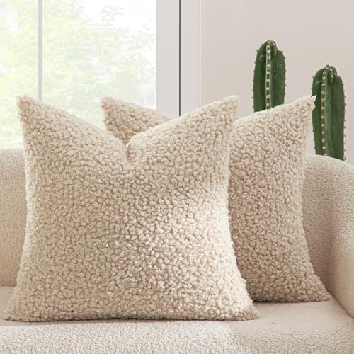 MIULEE Decorative Faux Fur Pillow Covers Sherpa 16x16 Light Beige | Set of 2 Fuzzy Accent Couch Throw Pillows, Soft Sheepskin Fleece Pillowcases, Home Decor Sofa Livingroom Bed - color: Light Beige, size: 16" x 16" (Pack of 2)