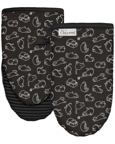 100% Thick Cotton Oven Mitts Ribbed Soft Silicone Cute Cats | Aesthetic Oven Mitts for Women, Machine Washable Non-Slip Kitchen Mitts, Reversible for Both Hands, Stylish Kitchen Decor - color: Black Cat