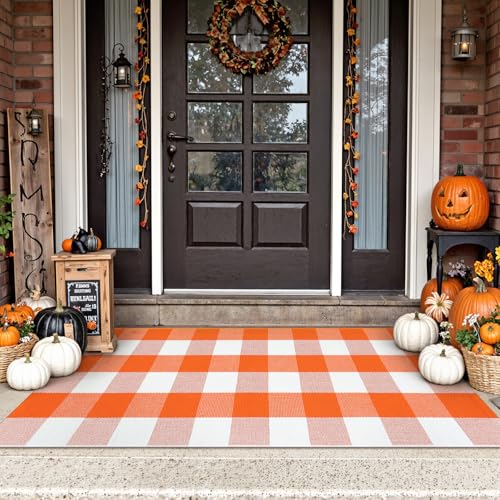 Uphome Bufflo Plaid Outdoor Rug 2'x4.3', Fall Decor Checkered Front Door Mat, Indoor Outdoor Farmhouse Porch Rug for Layered Door Mats, Washable Halloween White/Orange Runner for Patio Entryway - color: White/Orange, size: 2'x4'3''