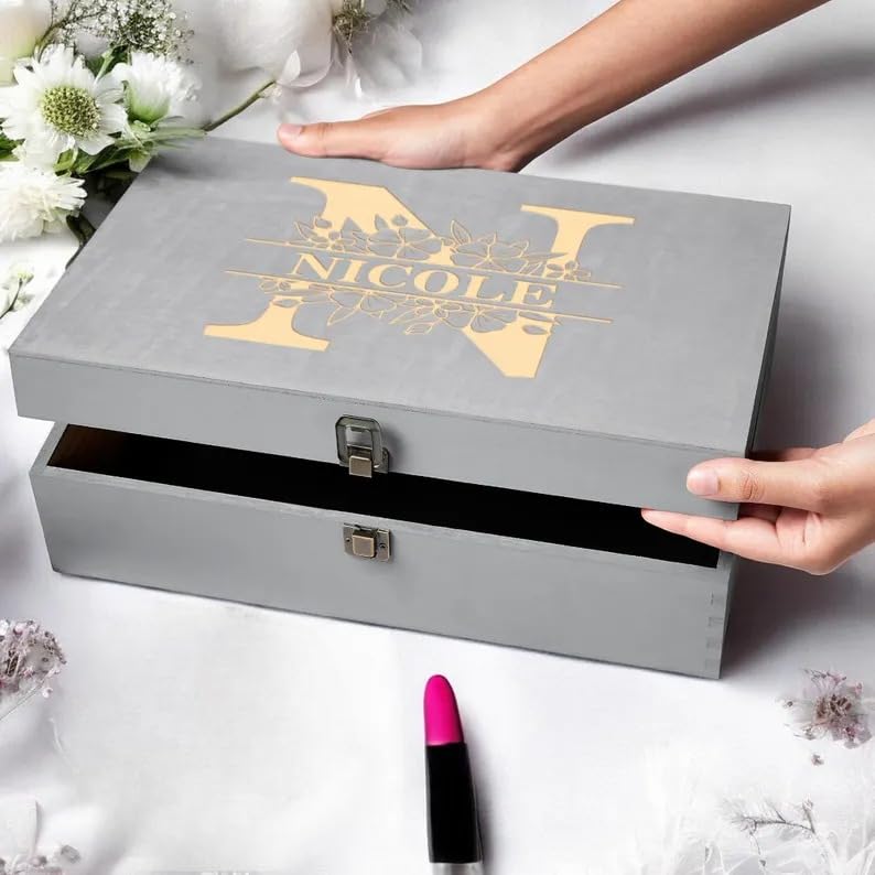 Personalized Monogrammed Wooden Keepsake Box – Custom Engraved Memory Box with Initials | Rustic Storage Chest for Photos & Mementos | Mother’s Day Gift for Mom, Grandma & Women - style: 3. Monogram Designs