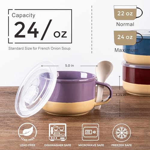 GBhome Ceramic Soup Mugs with Handles and Lids,24 OZ Soup Cups Set of 2 | Terracotta Underside,Mug Bowls with Spoon for Soup/Cereal/Salad/Noodles/Ramen/Microware &Dishwasher Safe-Green&Purple - color: Green&Purple
