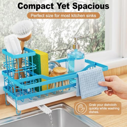 Sponge Holder for Kitchen Sink, Self-draining Sink Caddy with Towel Rack and Brush Holder, Metal Kitchen Countertop Organizers and Storage Essentials, Blue - color: Blue