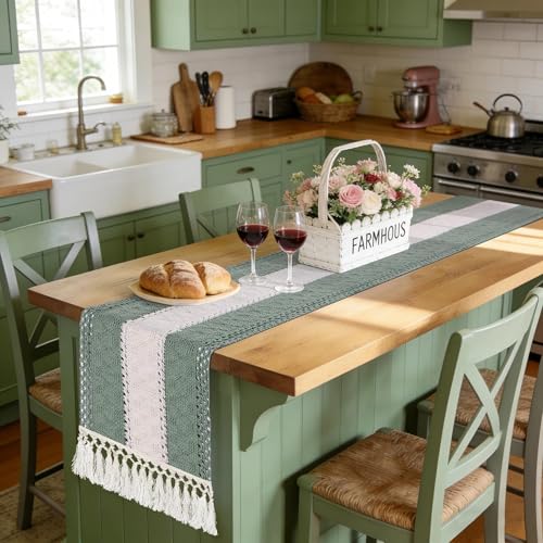 72" Sage Green Table Runner, Boho Woven Cotton with Tassels, Wedding - color: Sage Green, size: 72 inches